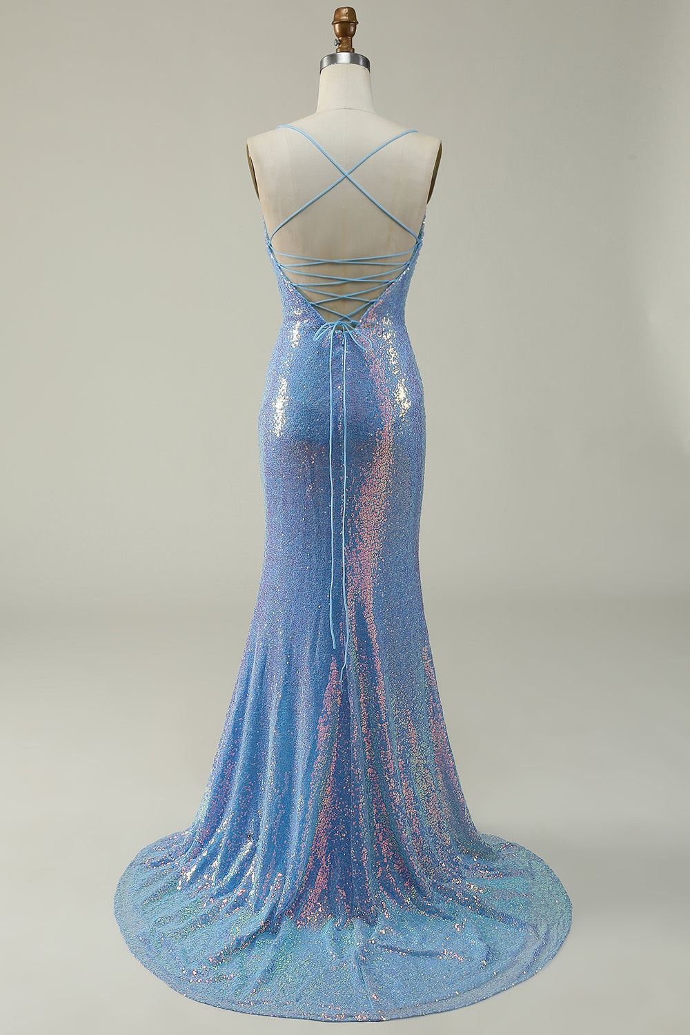 Luolandi Blue Sequined Spaghetti Straps Mermaid Prom Dress Sparkly Evening Dress